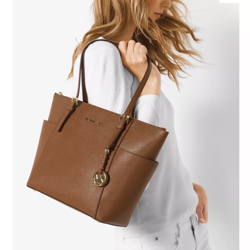 Michael Kors Brown Leather Tote Shoulder Bag with Gold Hardware